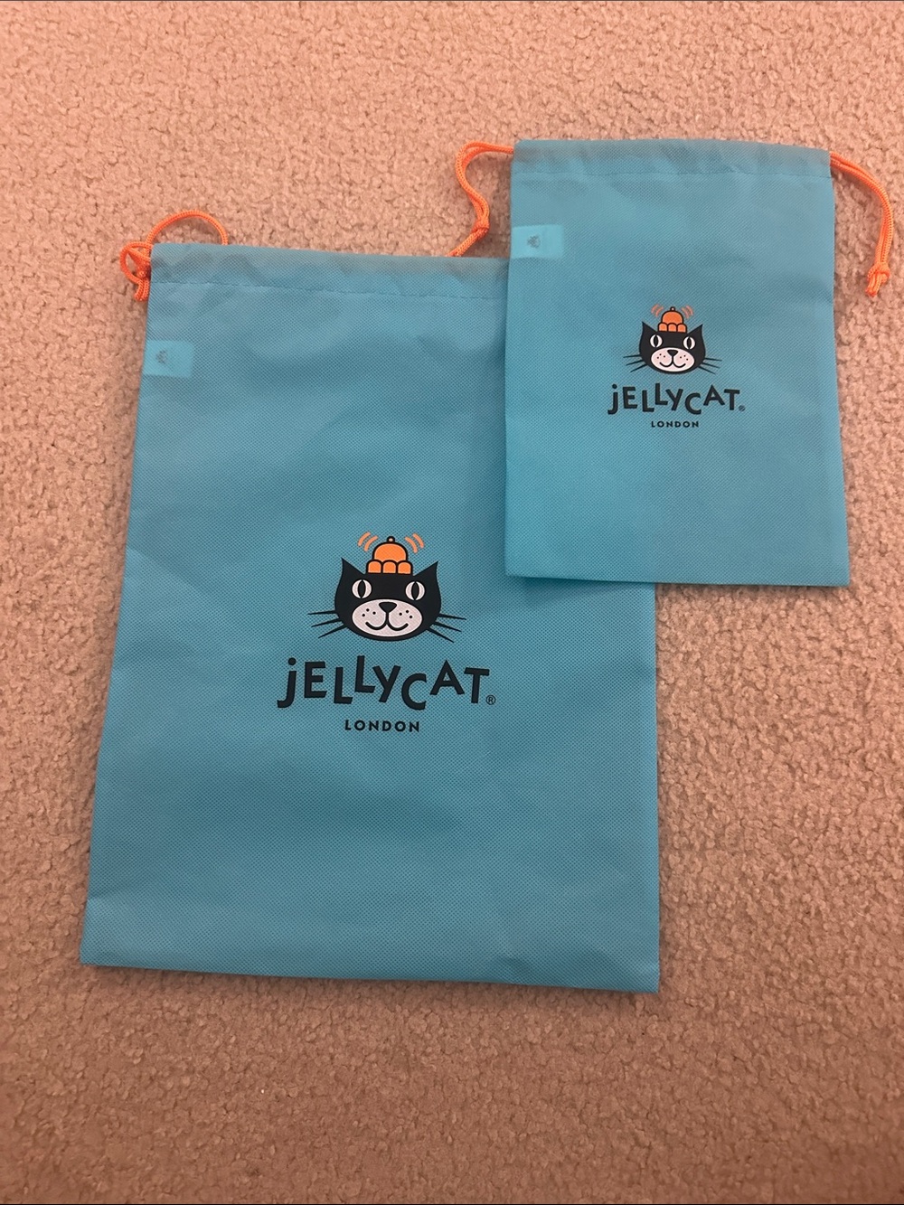 Jellycat Turquoise Blue Drawstring Cat Logo Pouches with Orange Cords